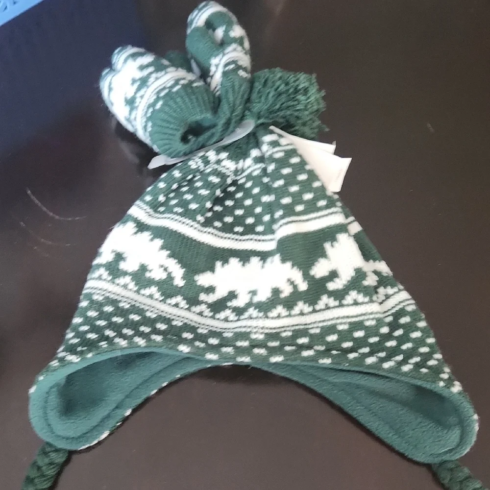 Old Navy Cozy Forest Kids Hat with Mittens Dinosaur Knitted Green And White